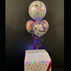 Unicorn 3 plus one balloon gift in a box